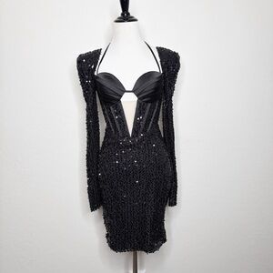 Miss Circle Melina Black Long Sleeve Sequin Dress Party Small New With Tags